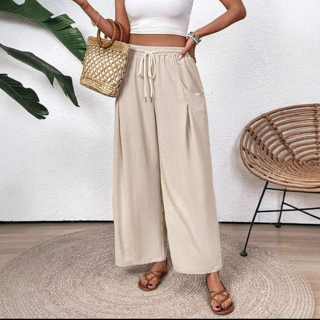 Women’s Wide-Leg Pants – Lightweight Breathable Fabric – Drawstring Waist – Full Length