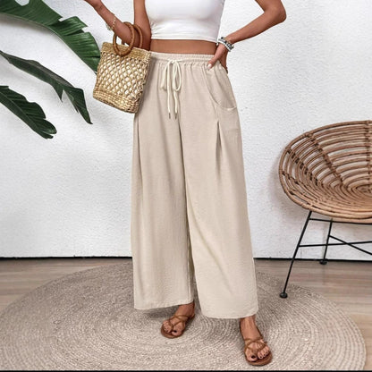 Women’s Wide-Leg Pants – Lightweight Breathable Fabric – Drawstring Waist – Full Length