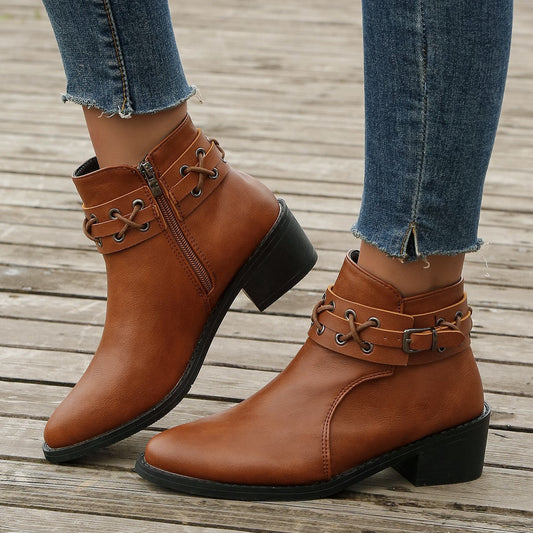 Women’s Ankle Boots – Leather-Look – Pointed Toe – Block Heel – Buckle and Lace Detail