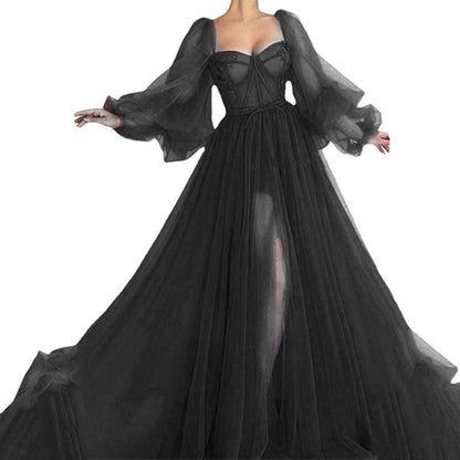 Women’s Evening Dress – Sheer Tulle – Sweetheart Neckline – Voluminous Sleeves – Side Slit