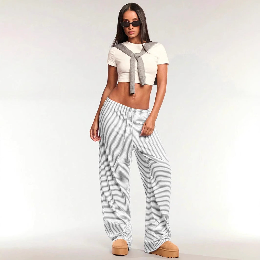 Women’s Casual Pants – Cotton Blend – Relaxed Fit – Drawstring Waist – Striped Straight Leg