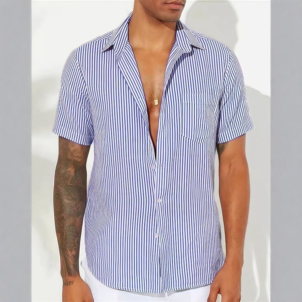 Men’s Casual Shirt – Relaxed Fit – Short Sleeve – Vertical Stripes