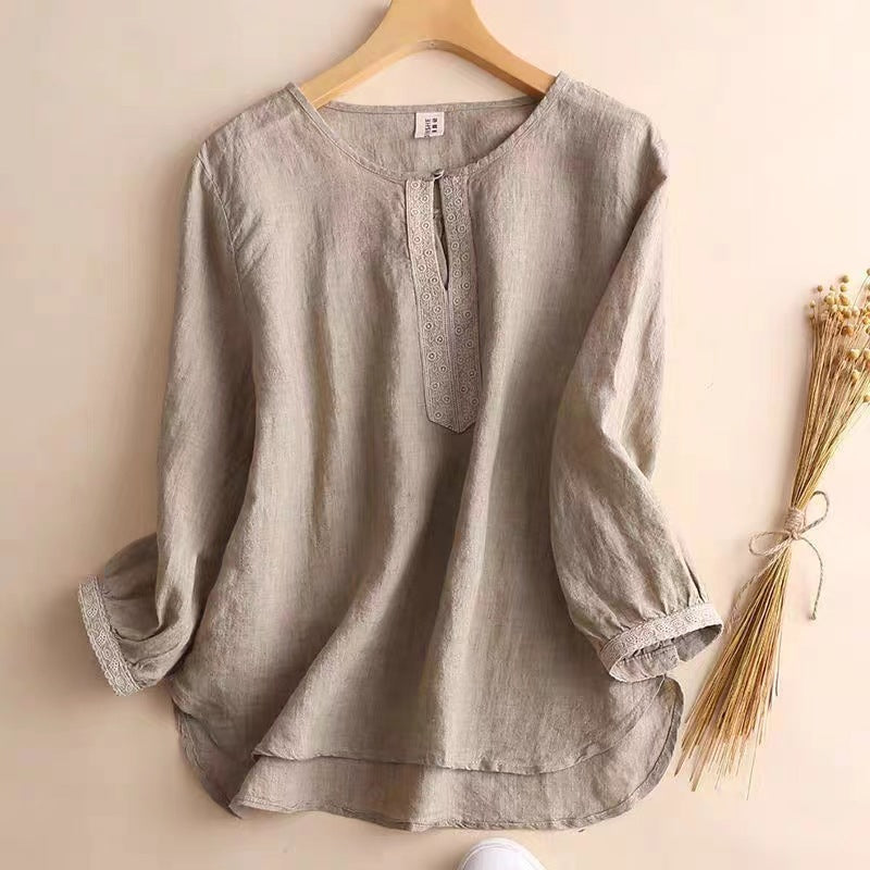 Women’s Short Sleeve Shirt – Relaxed Fit – Natural Fibers – Vintage Lace Detail