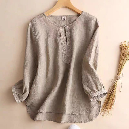 Women’s Short Sleeve Shirt – Relaxed Fit – Natural Fibers – Vintage Lace Detail