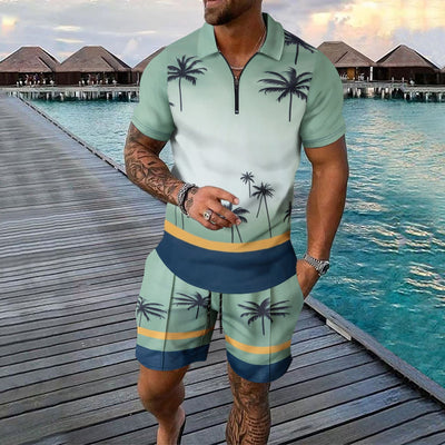 Men’s Shirt and Shorts Set – Slim Fit – Tropical Print – Zip Neck – Cotton Blend
