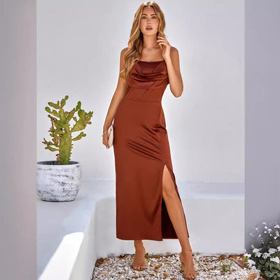 Women’s Maxi Dress – Slim Fit – Satin Finish – Cowl Neck – Spaghetti Straps – Side Slit
