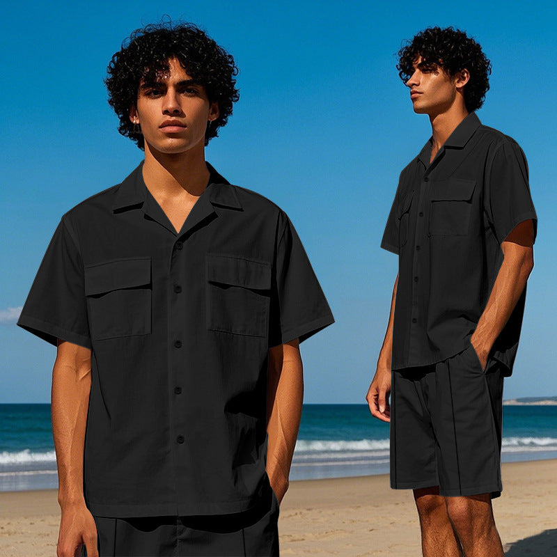 Men’s Shirt and Shorts Set – Relaxed Fit – Button-Down Top – Drawstring Waist – Breathable Blend