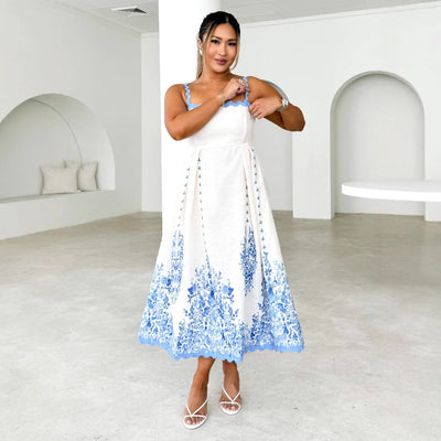 Women’s Midi Dress – Sleeveless Flared Fit – Scalloped Neck – Cotton Tie-Back – Floral Hem