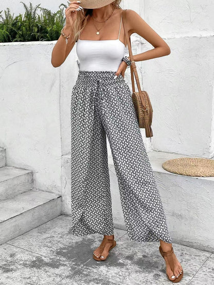 Women’s Wide-Leg Skirt Pants – Relaxed Fit – Floral Print – Side Slits – Breathable Fabric
