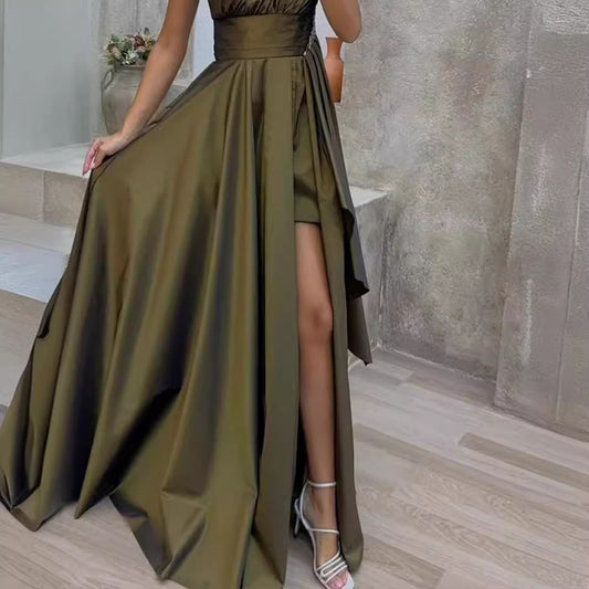 Women’s Evening Gown – One-Shoulder – Luxury Fabric – Thigh Slit – Voluminous Skirt