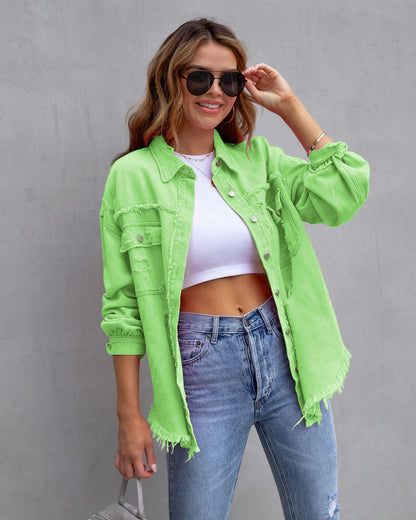 Women’s Denim Jacket – Oversized Fit – Distressed Mid Length – Casual Layering Piece