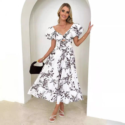 Women’s Maxi Dress – Fit and Flare – Puff Sleeve – Cut-Out Bodice – Tiered Skirt – Printed