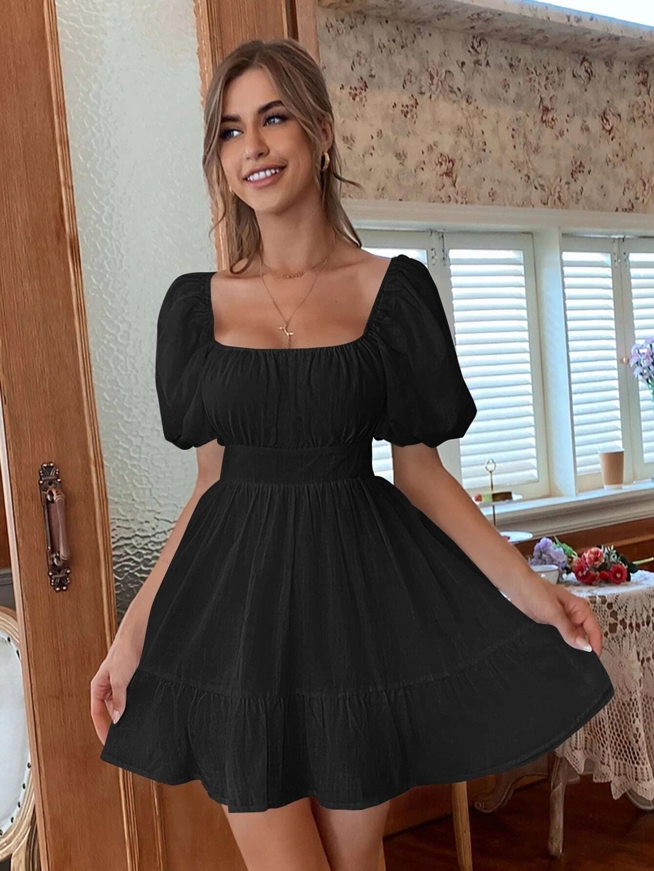 Women’s Mini Dress – Cotton Blend – Square Neck – Puff Sleeve – Flared Skirt