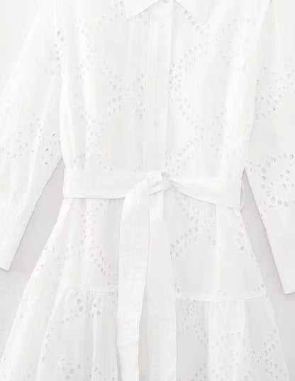 Women’s Midi Dress – Broderie Anglaise – Relaxed Fit – Belted Waist – Button Front