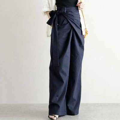Women’s Wide-Leg Trousers – High Waist – Tie Belt – Lightweight Cotton – Full Length