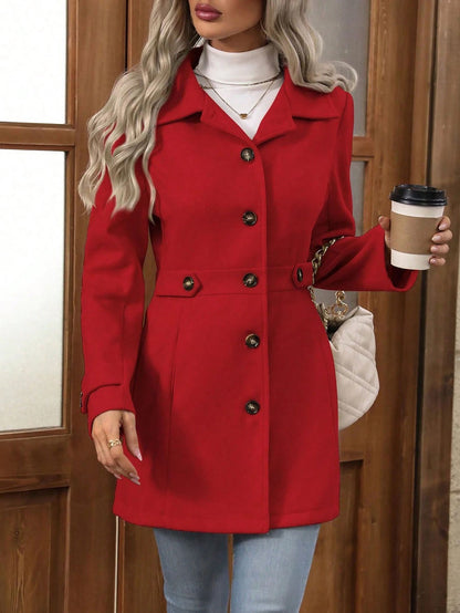 Women’s Wool Coat – Slim Fit – Notched Lapel – Button Front – Mid-Thigh Length