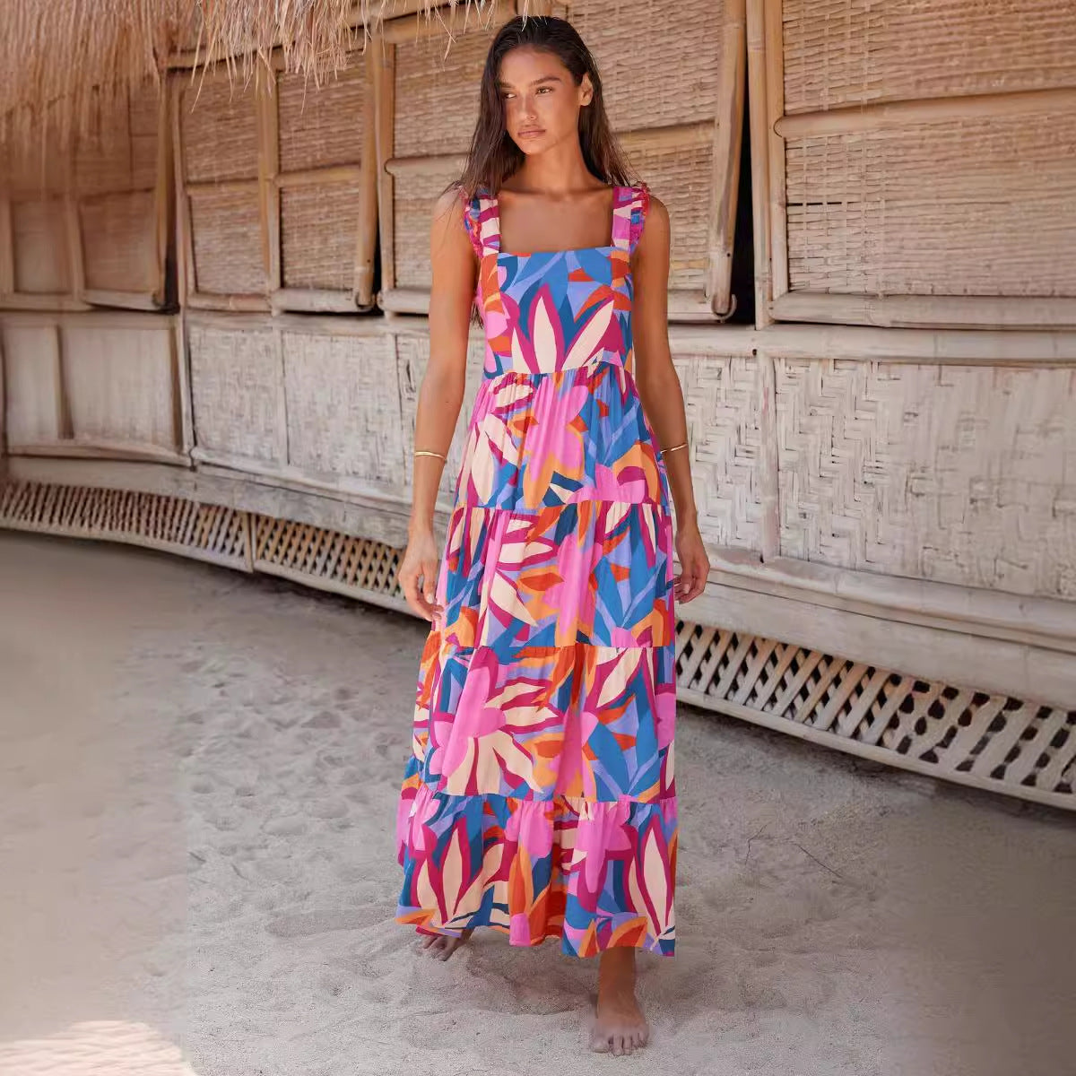 Women’s Maxi Dress – Breathable – Sleeveless – Tiered Skirt – Square Neckline