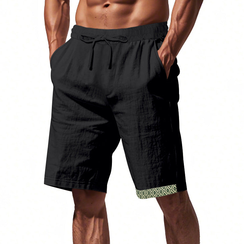 Men's Shorts – Loose Fit – Drawstring Waist – Boho Trim – Side Pockets