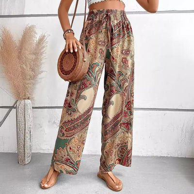 Women’s Wide-Leg Trousers – Relaxed Fit – Elastic Waist – Breathable Blend – Boho Print