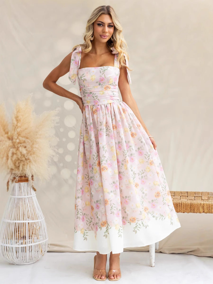 Women’s Sundress – Slim Fit – A-Line Midi – Floral Print – Bow Strap – Square Neck