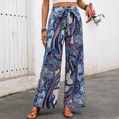 Women’s Wide-Leg Trousers – Bohemian Print – High Waist Tie Belt – Flowy Fit