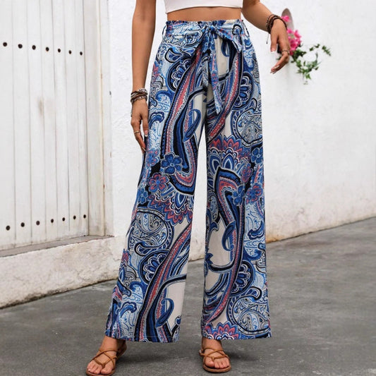 Women’s Wide-Leg Trousers – Bohemian Print – High Waist Tie Belt – Flowy Fit