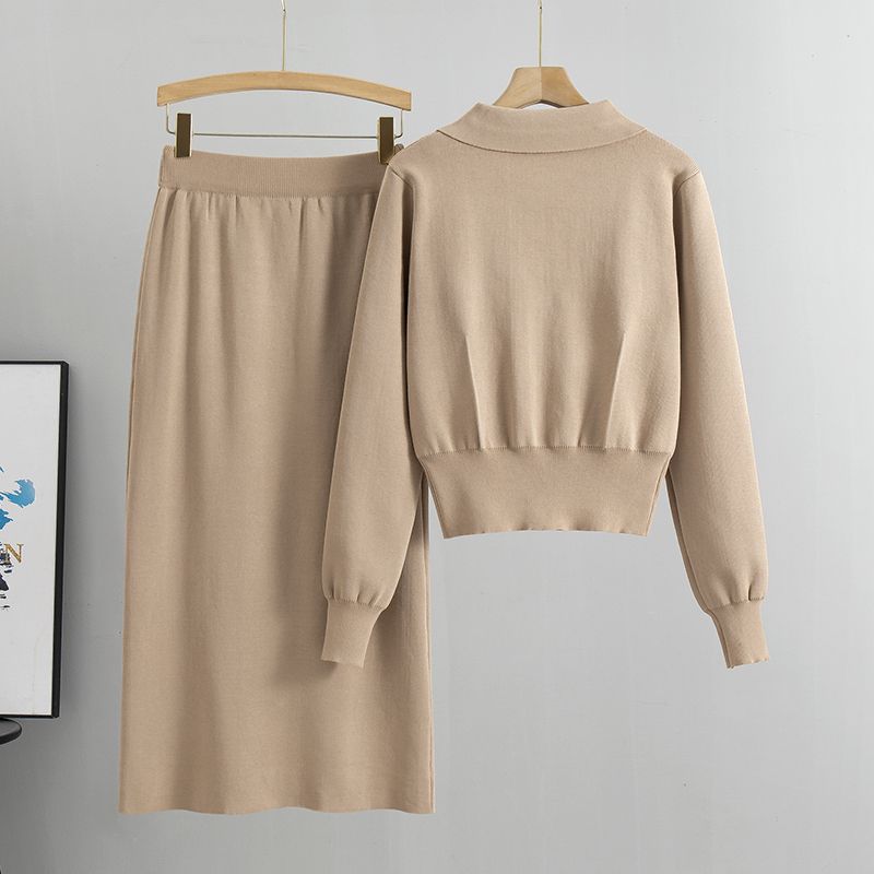 Women's Knit Two-Piece Set - Button-Up Cardigan & High-Waisted Midi Skirt