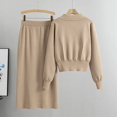 Women's Knit Two-Piece Set - Button-Up Cardigan & High-Waisted Midi Skirt