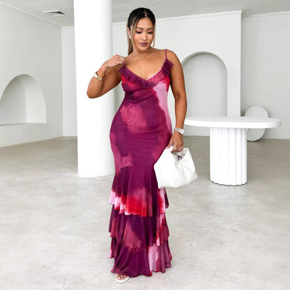 Women’s Maxi Dress – Slim Fit – Spaghetti Straps – Ruffle Neck – Tiered Skirt