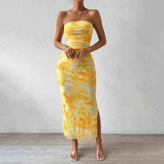 Women’s Maxi Dress – Strapless Slim Fit – Mesh Overlay – Side Slit Evening Wear