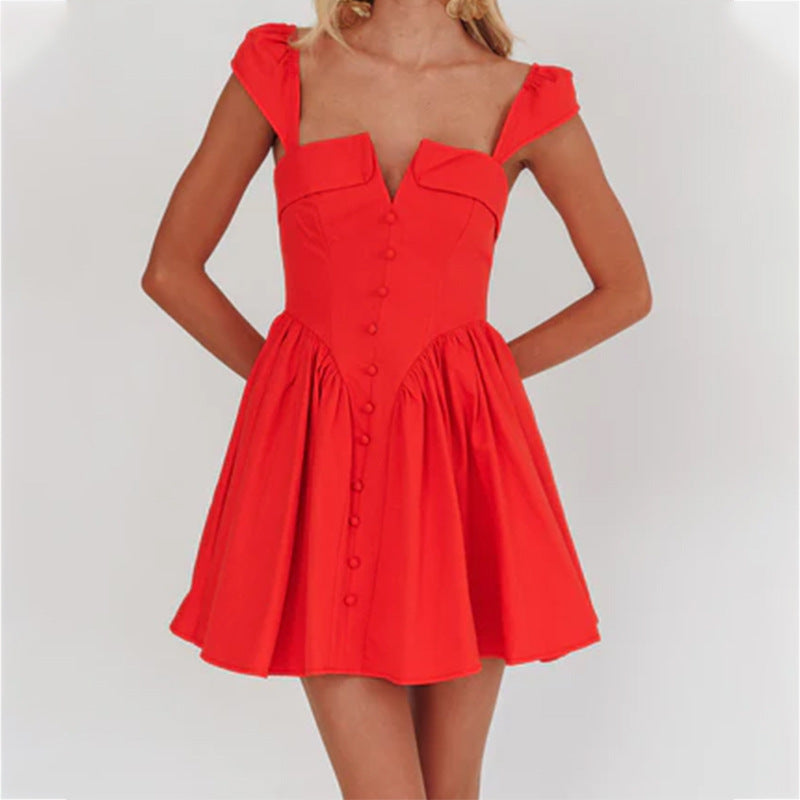 Women’s Sleeveless Short Dress – Square Neck – Fitted Bodice – Pleated A-Line Skirt – Button Front – Lightweight Cotton Blend