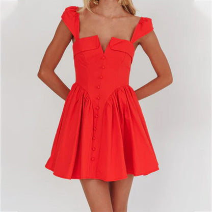 Women’s Sleeveless Short Dress – Square Neck – Fitted Bodice – Pleated A-Line Skirt – Button Front – Lightweight Cotton Blend