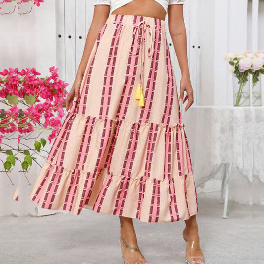 Women’s Maxi Skirt – Tiered Boho Style – Fringe Waist – Flowing Fit – Cotton