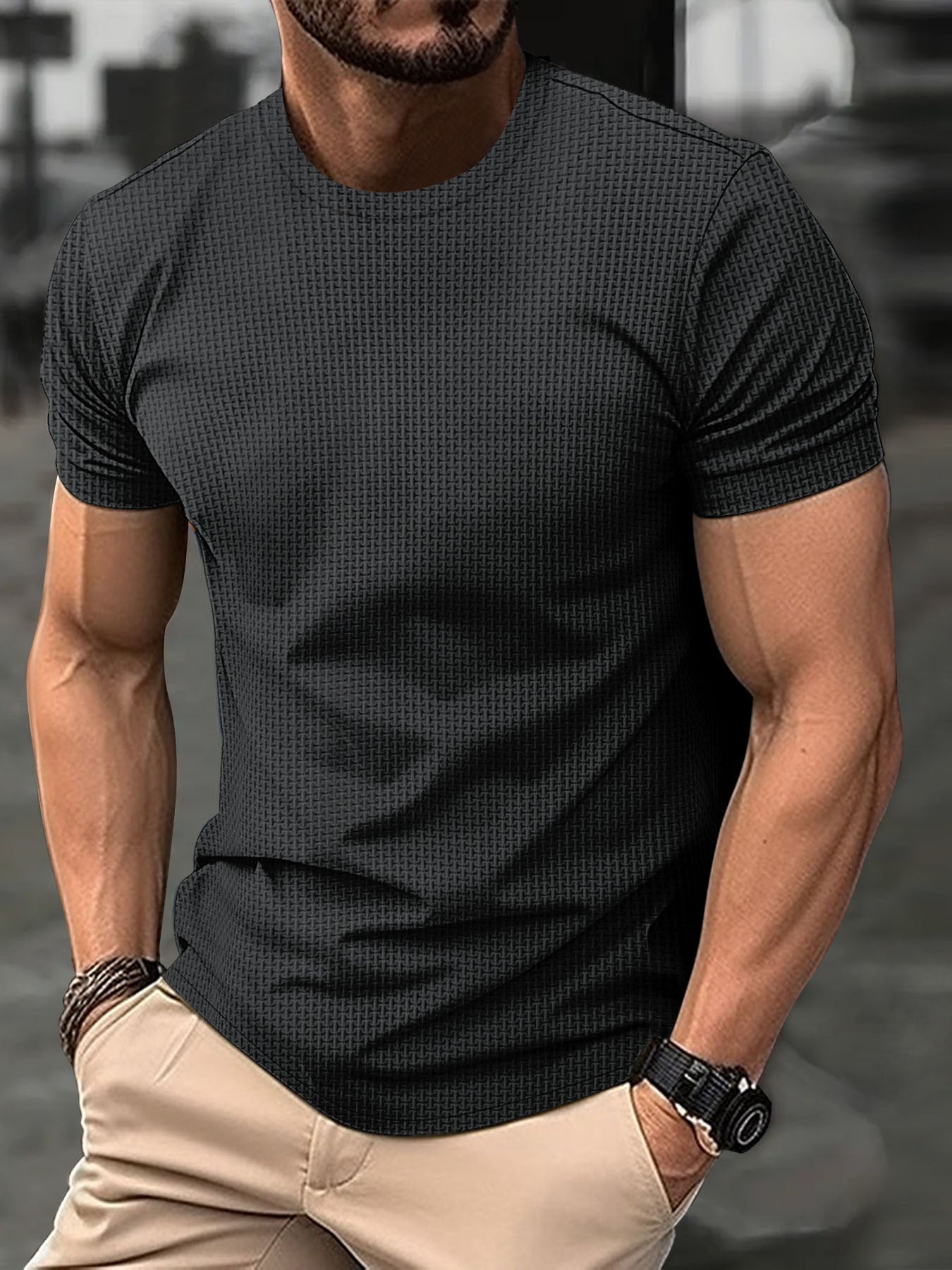 Men’s T-Shirt – Slim Fit – Ice Silk Jacquard – Crew Neck Short Sleeve Casual Wear
