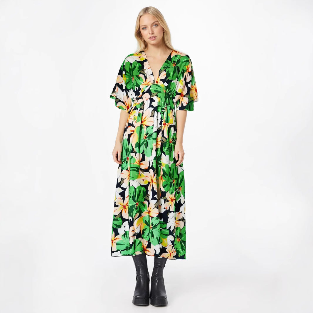 Women’s Midi Dress – High Waist – V-Neck – Short Wide Sleeves – Slit Skirt – Printed