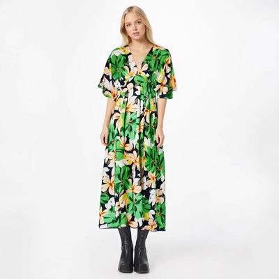 Women’s Midi Dress – High Waist – V-Neck – Short Wide Sleeves – Slit Skirt – Printed