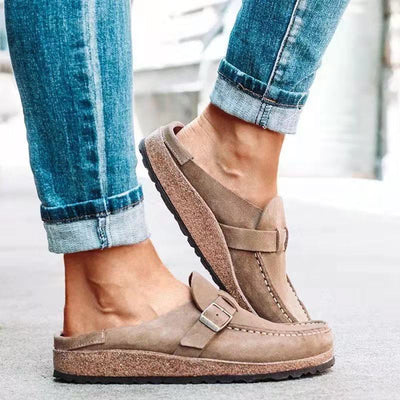 Women’s Mule Sandals – Suede-Like Upper – Buckle Strap – Low Heel Slip-On Comfort