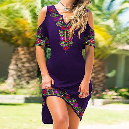 Women’s Midi Dress – Fitted Silhouette – Cold Shoulder – Embroidered – Asymmetrical Hem