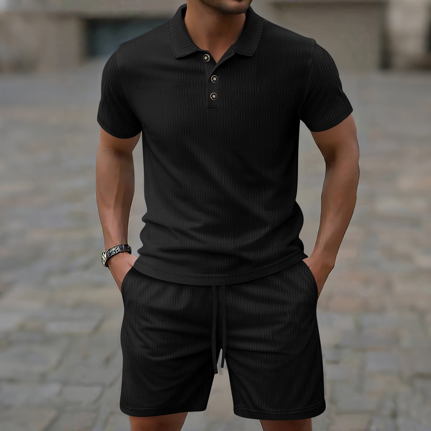 Men’s Casual Set – Short-Sleeve T-Shirt – Slim Fit – Textured Cotton Blend – Structured Collar – Button Placket