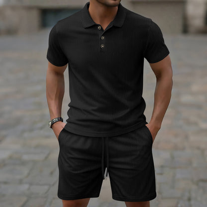 Men’s Casual Set – Short-Sleeve T-Shirt – Slim Fit – Textured Cotton Blend – Structured Collar – Button Placket