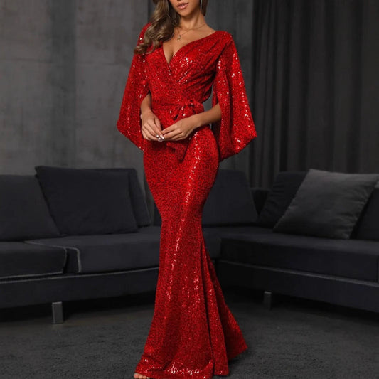 Women’s Evening Gown – Sequin Embellished – Mermaid Fit – Deep V-Neck – Flared Sleeves