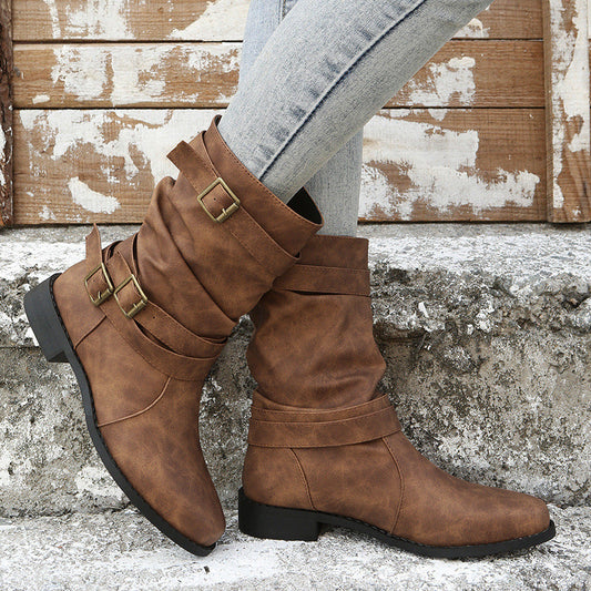 Women’s Mid-Calf Boots – Faux Leather – Buckle Straps – Low Block Heel – Casual Fit