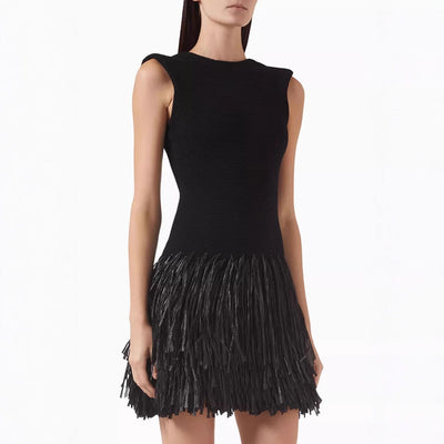 Women’s Party Dress – Slim Fit Mini – Sleeveless Fringe Skirt – Round Neck