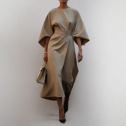 Women’s Long Dress – Satin Feel – Batwing Sleeve – Fitted Waist – Draped Silhouette