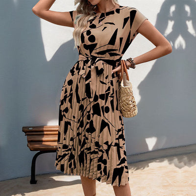 Women’s Midi Dress – Fit and Flare – Geometric Print – Pleated – Short Sleeve Belted
