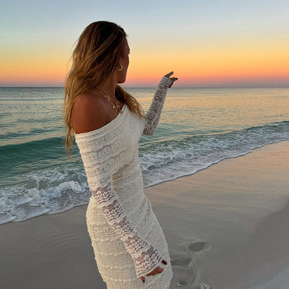 Women’s Maxi Dress – Slim Fit Lace – Off-Shoulder – Long Sleeve Formal Wear