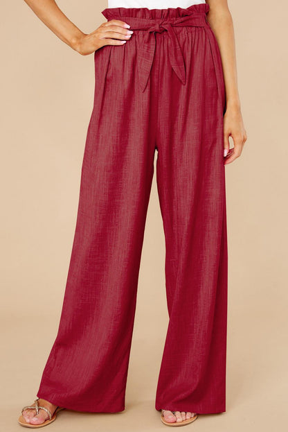 Women’s Wide-Leg Trousers – Cotton Linen Blend – High Waist – Elastic Waist with Tie Belt