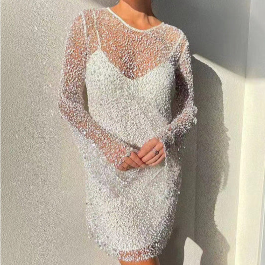 Women’s Cocktail Dress – Fitted Silhouette – Sequin Overlay – Long Sleeve Mini