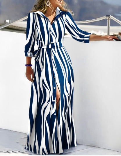Women’s Shirt Dress – Relaxed Fit – Abstract Print – Long Sleeve – Belted Waist