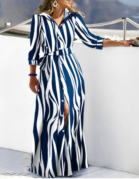 Women’s Shirt Dress – Relaxed Fit – Abstract Print – Long Sleeve – Belted Waist
